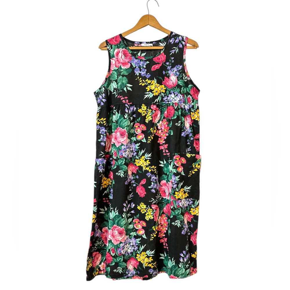 Vintage Tara Sleeveless Dark Floral Midi Dress Empire Waist Size M Pockets (G30)